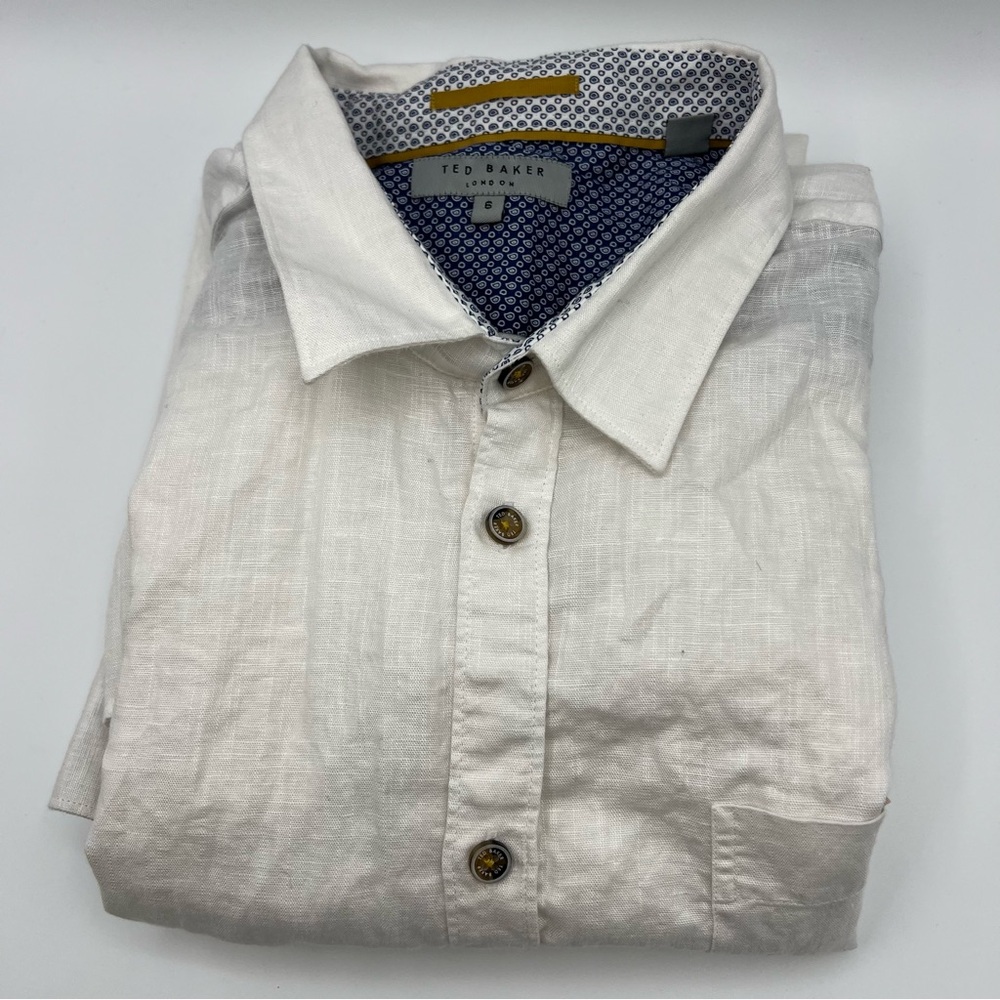 Ted Baker Shirt Adult 6 White Linen Blend Button Up Long Sleeve Casual Mens